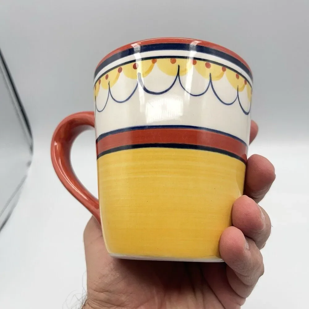 Pier 1 Del Sol Collection Coffee Cup, Hand Painted. Yellow And Orange Design.